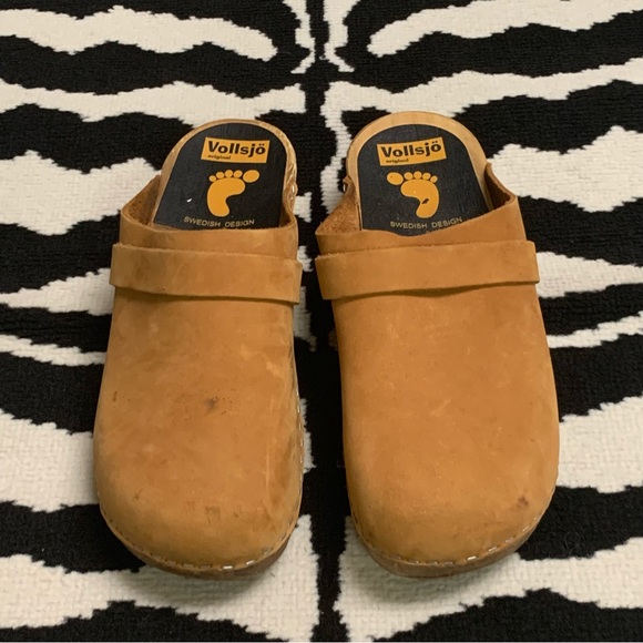 Vollsjo Swedish Brown Camel Suede Leather Wooden Clogs Slip On Mules Retro Boho - Picture 8 of 16